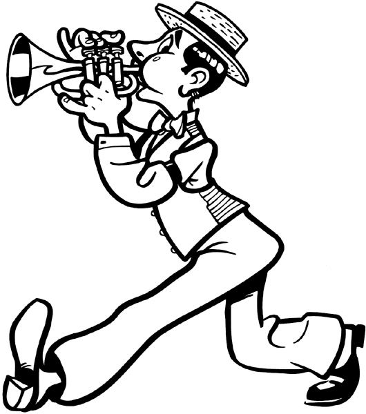 Man playing horn vinyl sticker. Customize on line. Music 061-0387